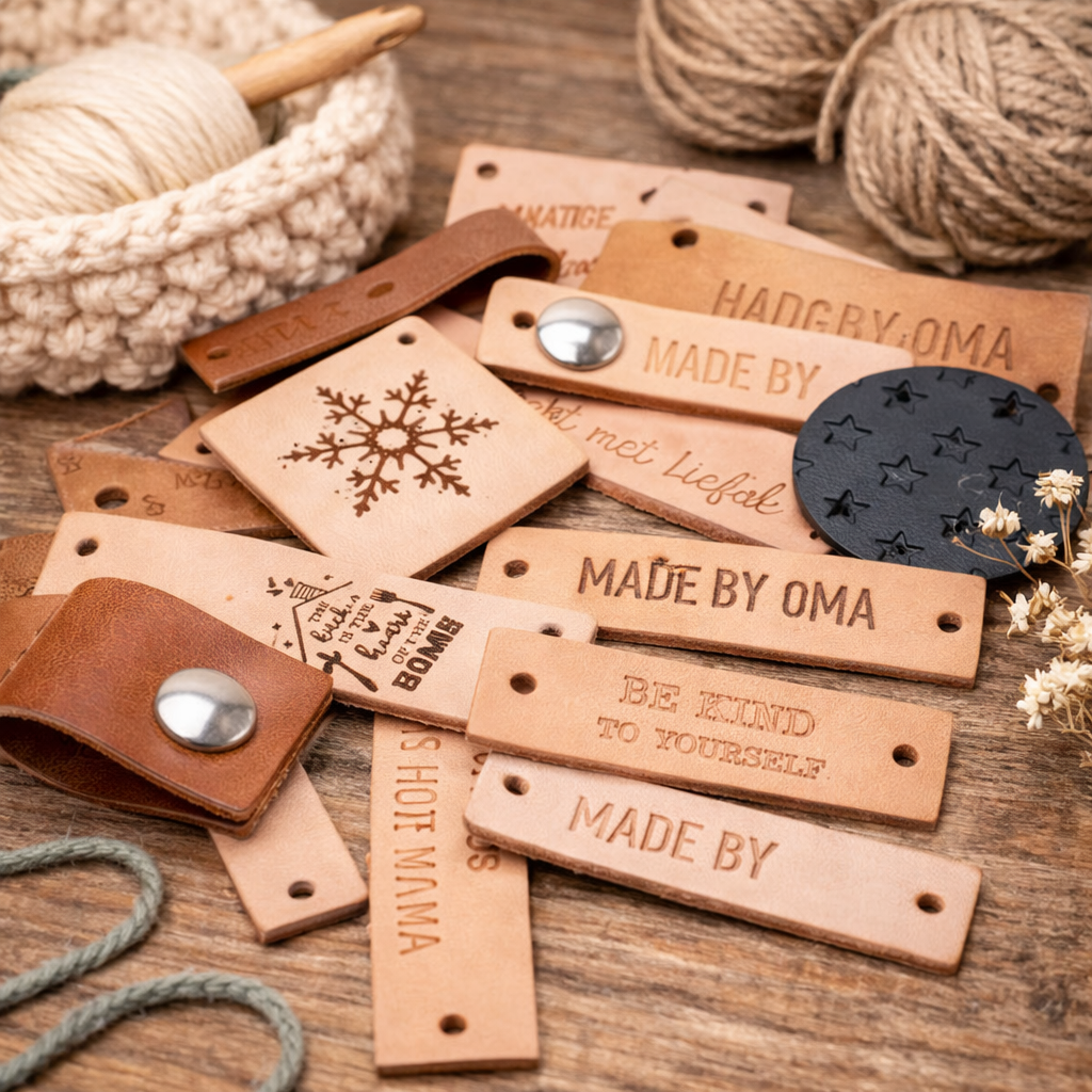 Handmade label met klinknagels, 15 stuks leren etiketten en 15 Handmade label met klinknagels, 15 stuks leren etiketten en 15